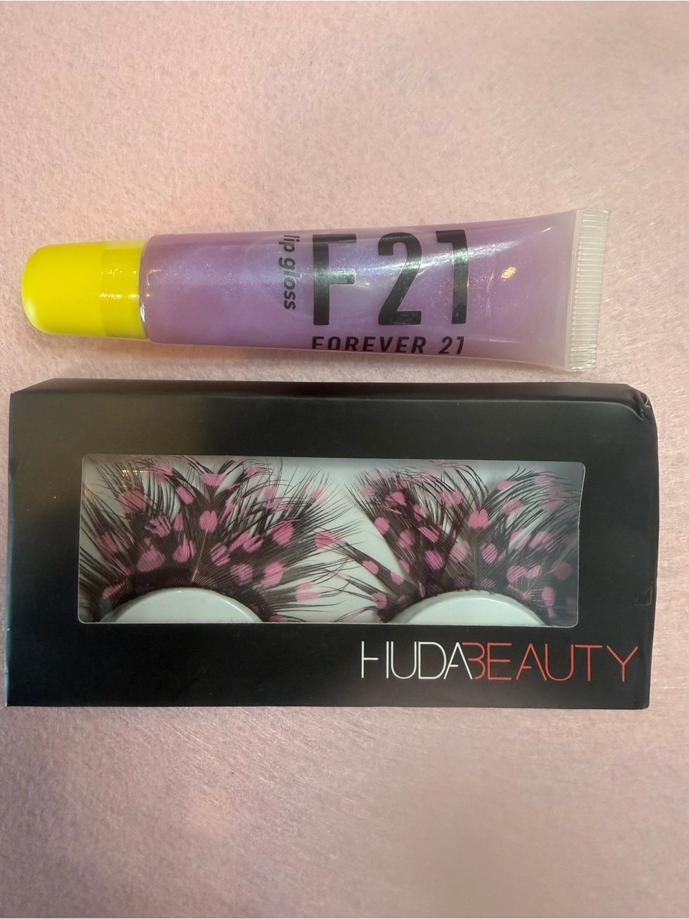 Huda Beauty Pink Feather Lashes with Forever 21 Fairy Dust Lip Gloss Both NWT
